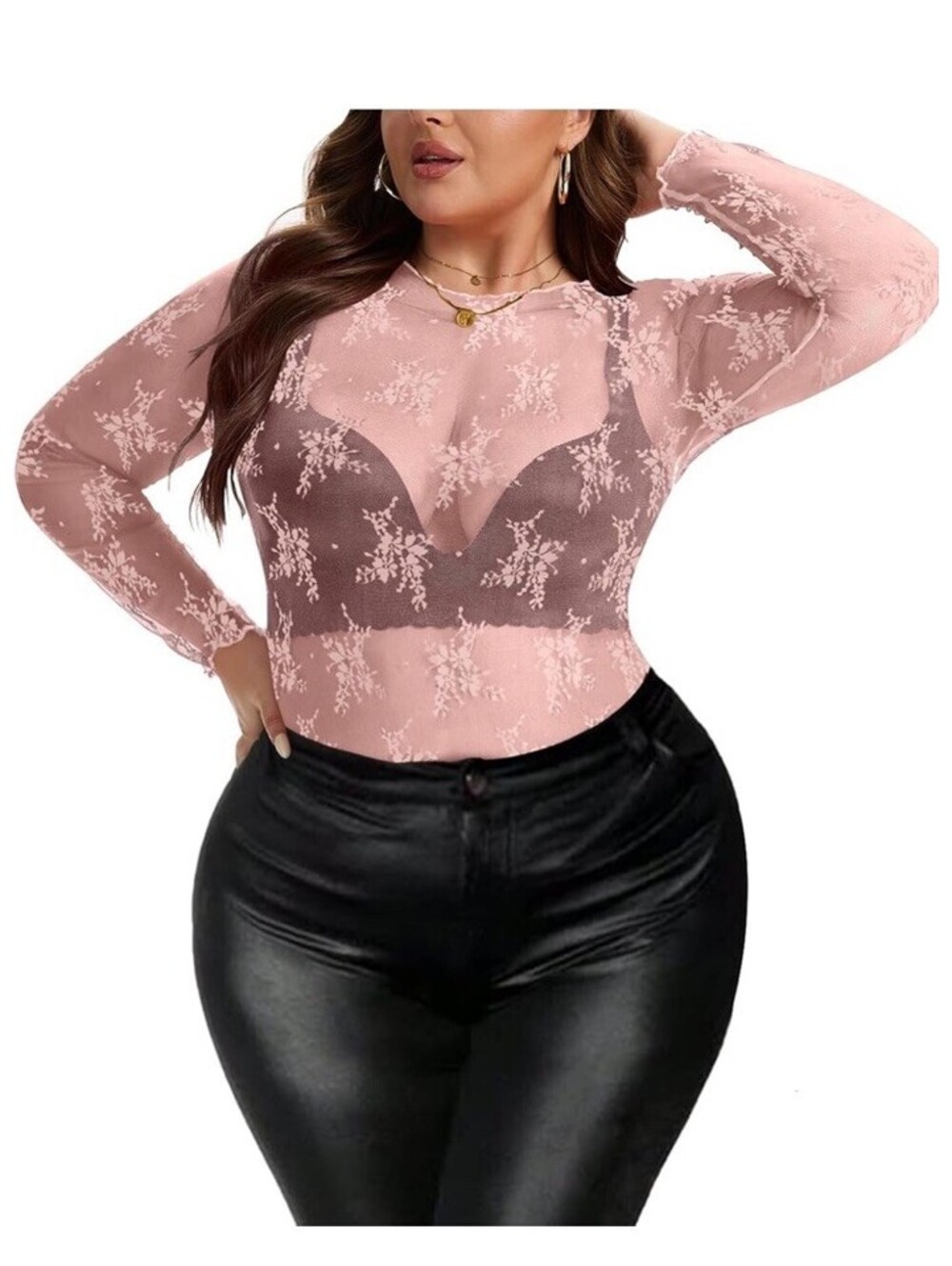 Women's Pink Lace Mesh Top Sheer Floral Fairy Long Sleeve Stretch Festival 4X